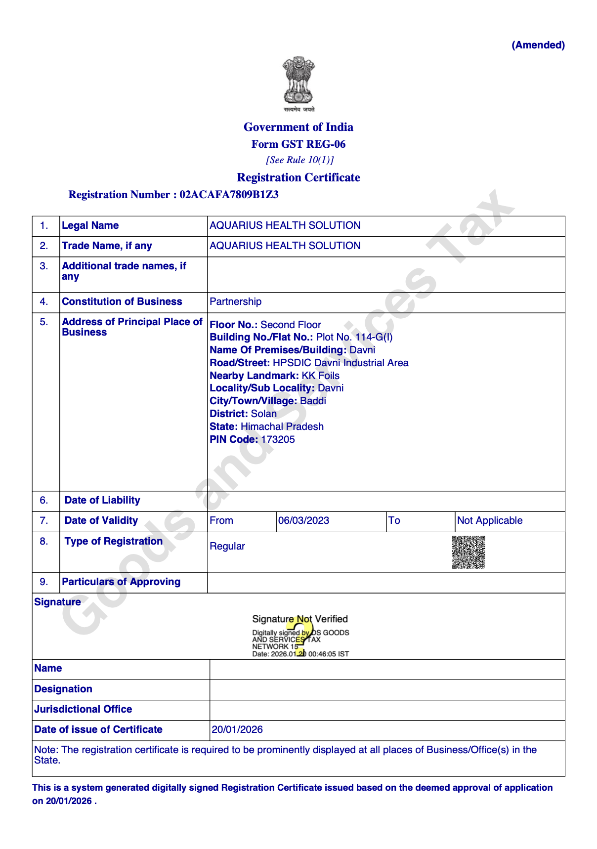 GST Registration Certificate - Aquarius Health Solution